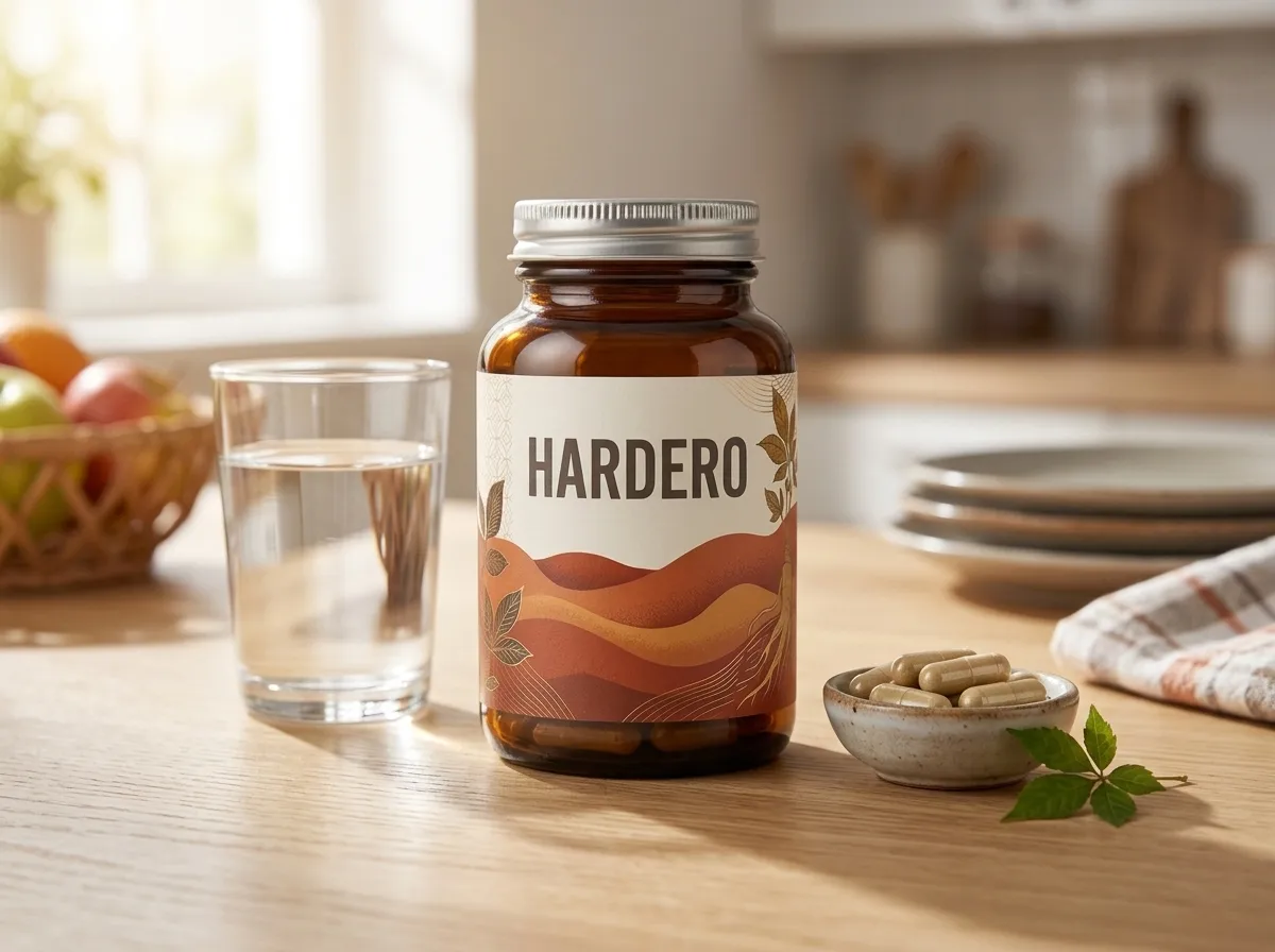 Hardero men's health food supplement 60 capsules on wooden surface